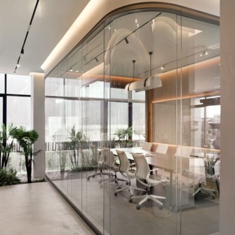 Curved glass partitions